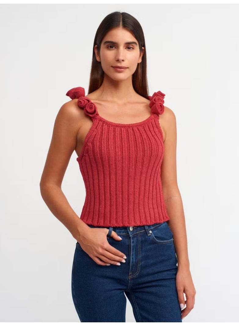 Dilvin 10524 Strappy Handmade Floral Detailed Knitwear Top-Red - Image 3